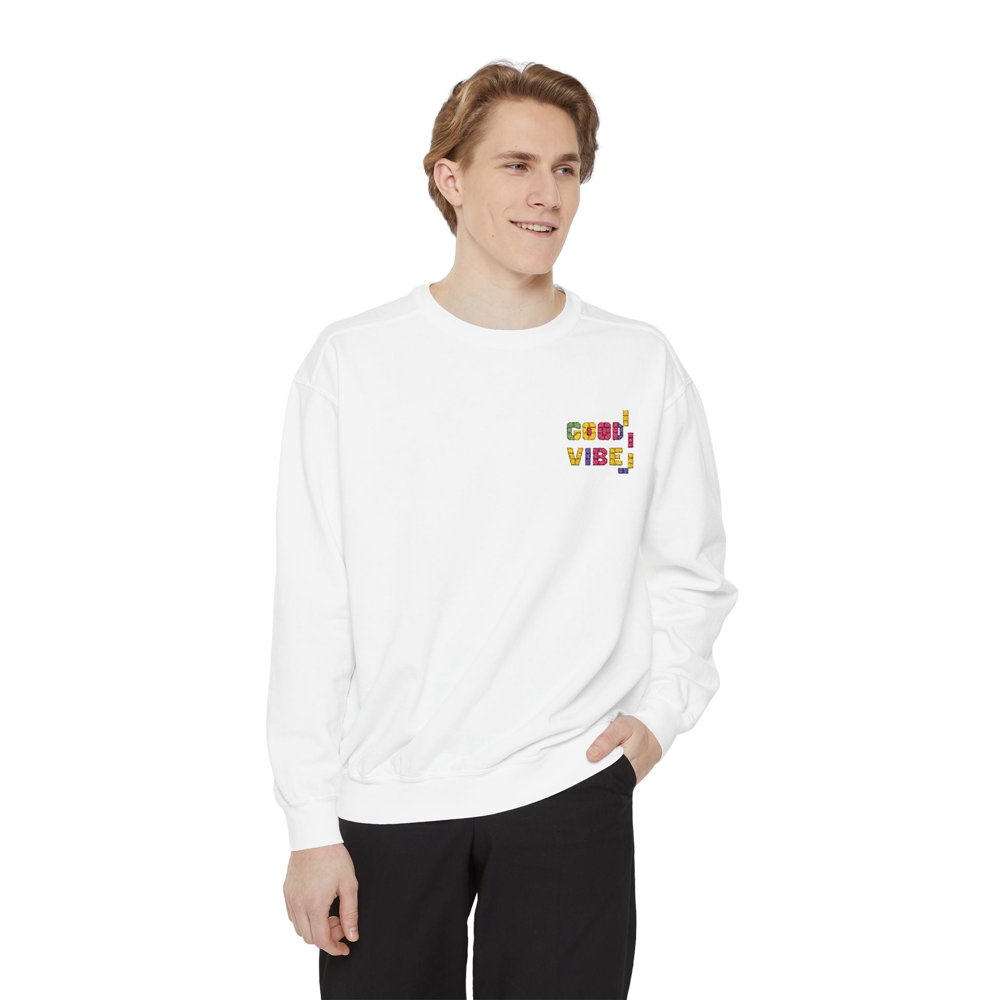 Brighten your day with this cozy unisex sweatshirt! Featuring relaxed fit and colorful 'Good Vibe' embroidery on soft cotton fabric.