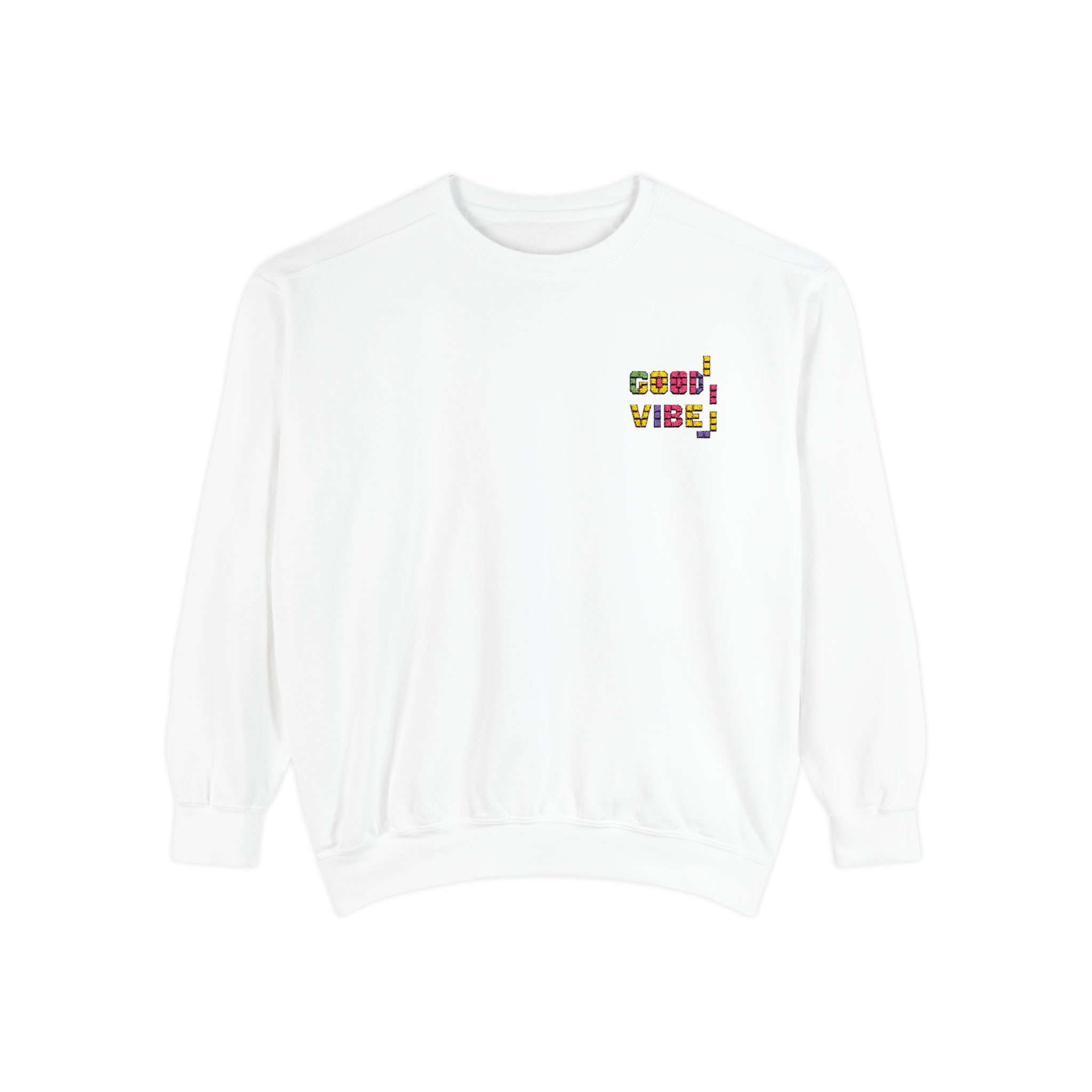 Spread good vibes with this unisex white sweatshirt, featuring soft cotton comfort and playful, colorful embroidery. Perfect for all-season style.